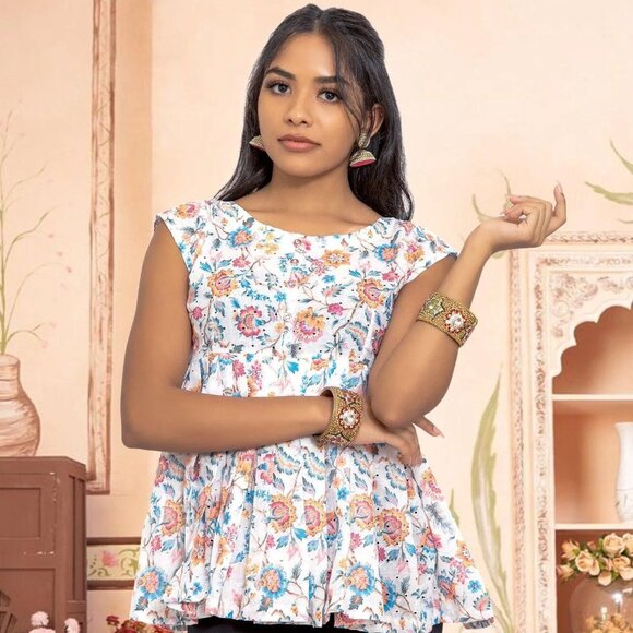 White Printed Short Top for Vibrant Outfits | Muvvas Boutique - Picture 1 of 3